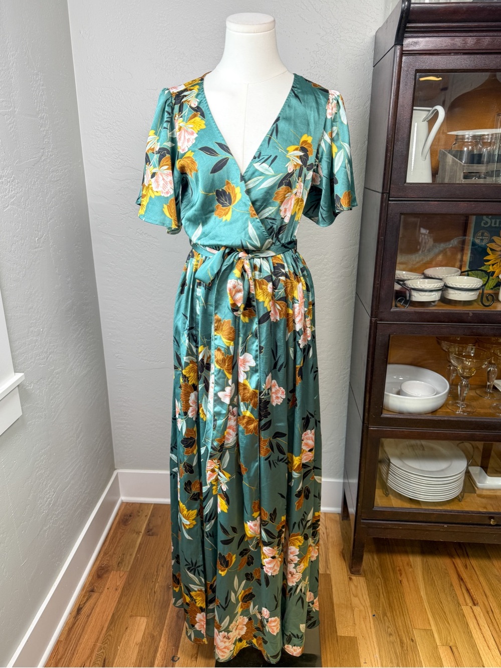 Baltic Born Teal Floral Satin Wrap Maxi Dress Belted Size S